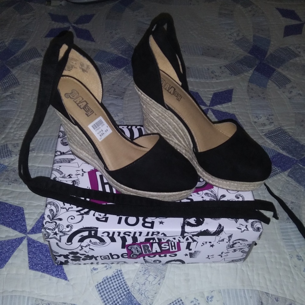 Brash Black Suede Ankle Wrap Wedge